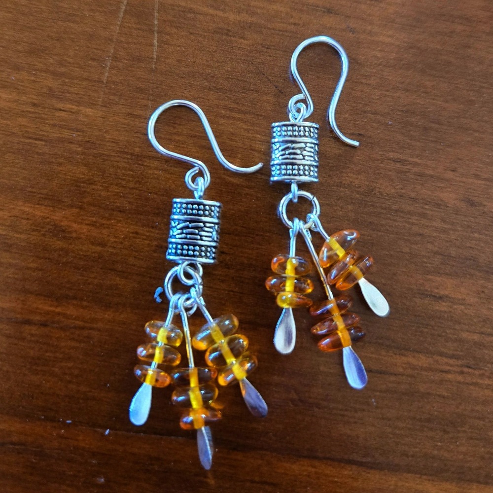Boho Handmade Amber Bead Chandelier Dangle Earrings Silver Tone Tribal Drop